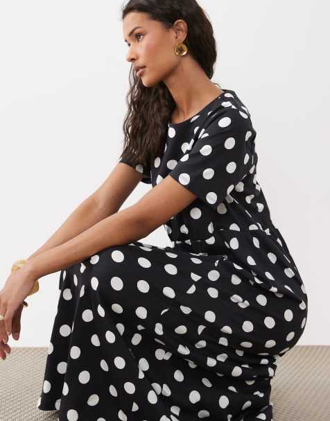 Threadbare jersey short sleeve midi dress in black and white polka dot print - view 1