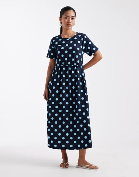 Threadbare jersey short sleeve midi dress in navy and blue polka dot print - view 1