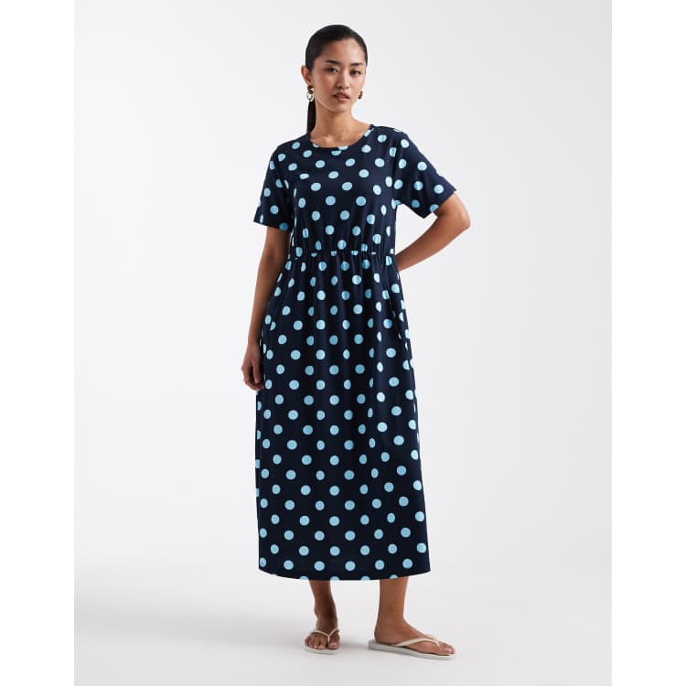 Threadbare jersey short sleeve midi dress in navy and blue polka-dot print  | ASOS