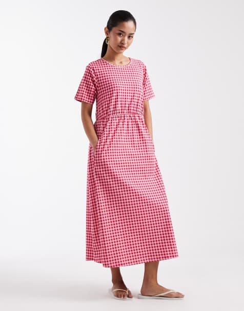 Threadbare jersey short sleeve midi dress in red and white gingham print - view 1