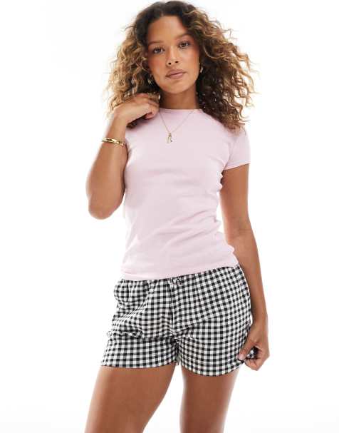 Threadbare jersey shorts with tie waist in black and white gingham - view 1