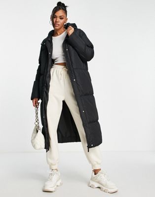 Threadbare Jodie maxi puffer coat with hood in black | ASOS
