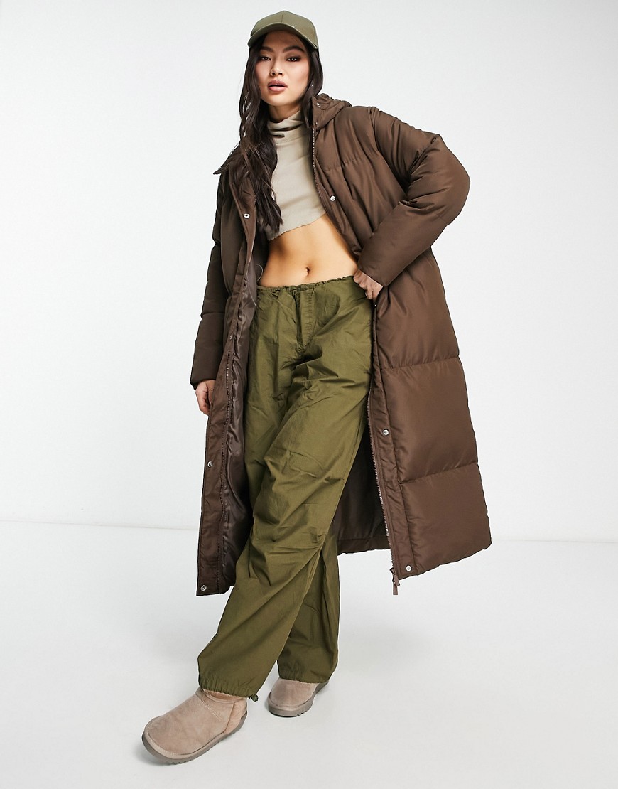 Threadbare Jodie maxi puffer coat with hood in chocolate brown