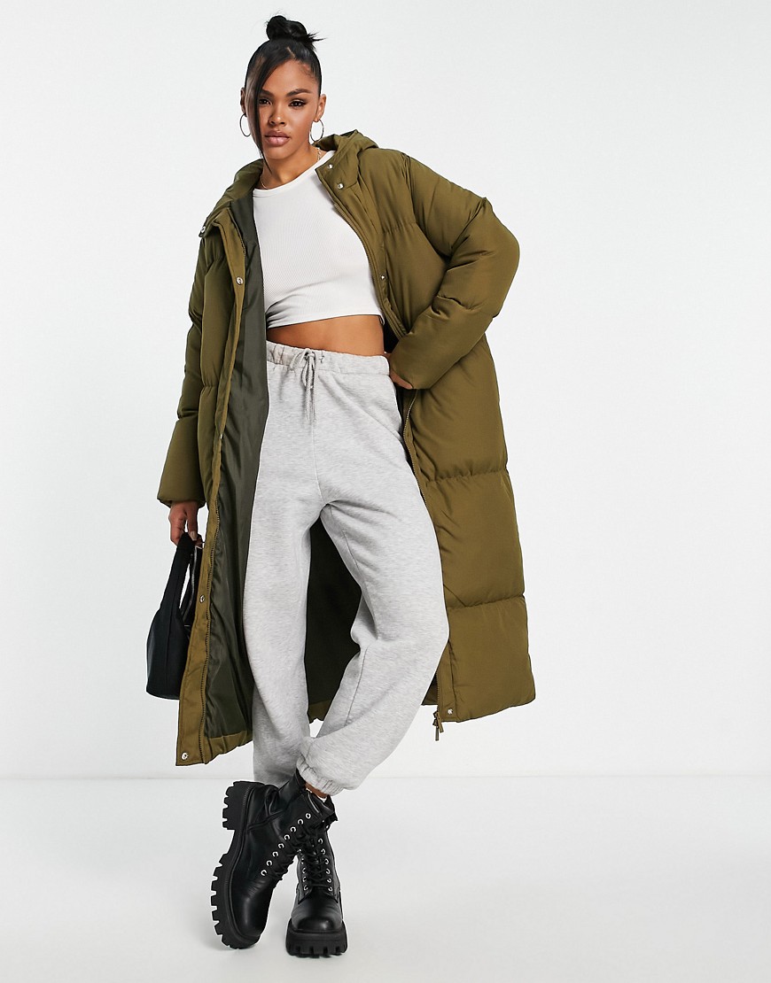 Threadbare Jodie maxi puffer coat with hood in khaki-Green