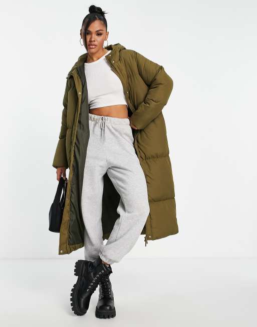 Threadbare Jodie maxi puffer coat with hood in khaki | ASOS