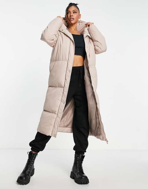 Threadbare Jodie maxi puffer coat with hood in taupe | ASOS