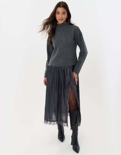 Threadbare Jumper dress with crinkle satin skirt in charcoal grey - view 1