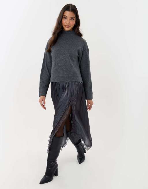 Threadbare Jumper dress with crinkle satin skirt in charcoal grey, 2 of 4