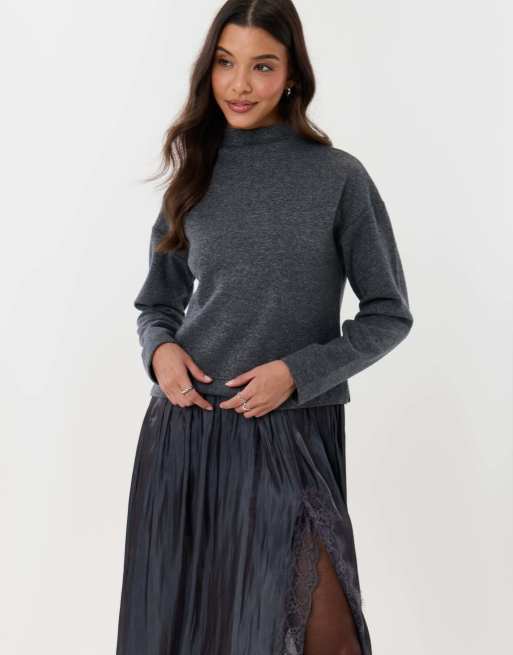 Threadbare Jumper dress with crinkle satin skirt in charcoal grey, 4 of 4