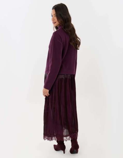 Threadbare Jumper dress with crinkle satin skirt in plum - view 1