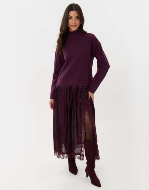 Threadbare Jumper dress with crinkle satin skirt in plum