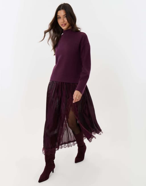 Threadbare Jumper dress with crinkle satin skirt in plum, 4 of 4