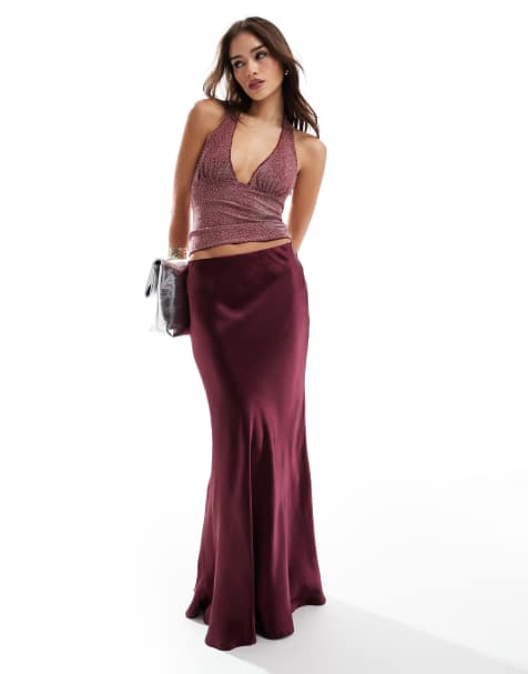 Threadbare - Jupe longue en satin - Bordeaux - view 1
