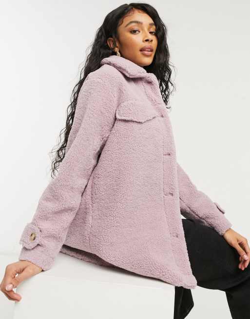 Threadbare kaila teddy fleece shirt style coat in lilac