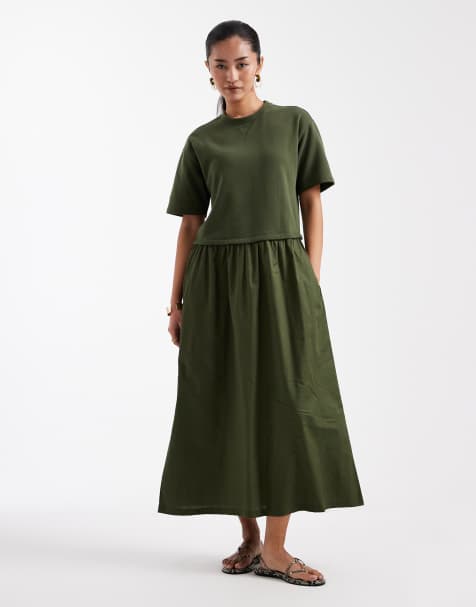 Threadbare - Kakigrøn kortærmet midikjole i poplin - view 1