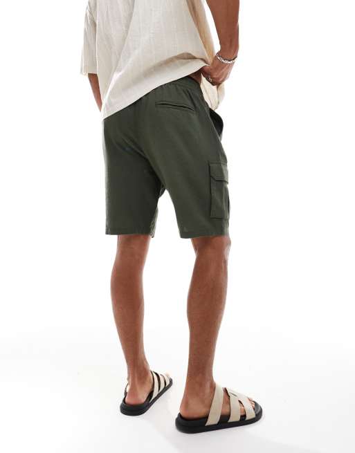 Threadbare - Kakigrønne cargoshorts i hørblanding med lomme, 4 af 5