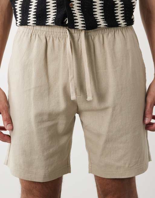 Threadbare – Kamiennobeżowe szorty z troczkami w talii z mieszanki lnu, 3 z 5