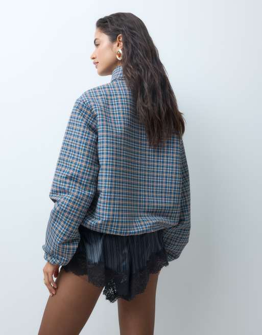 Threadbare – Karierte Regenjacke in Braun und Blau mit elastischem Saum und Stehkragen, 2 von 5