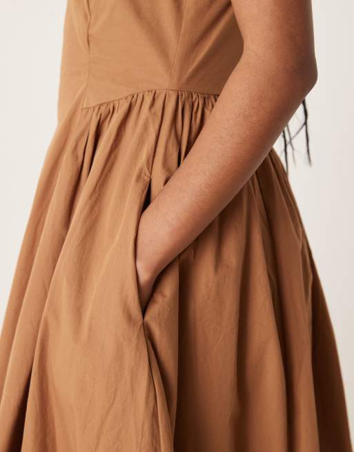 Threadbare - Katoenen midi jurk met verlaagde taille in bruin, 2 van 4