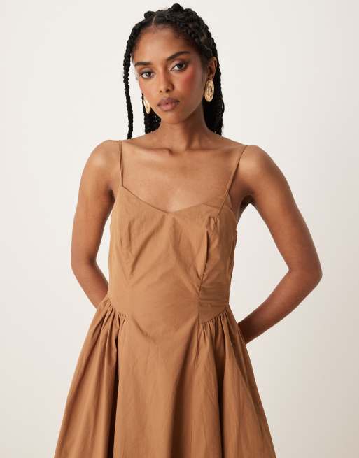 Threadbare - Katoenen midi jurk met verlaagde taille in bruin, 3 van 4
