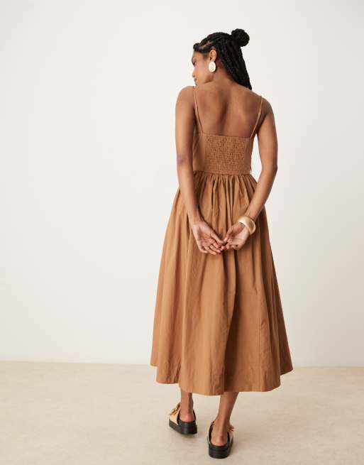 Threadbare - Katoenen midi jurk met verlaagde taille in bruin, 4 van 4