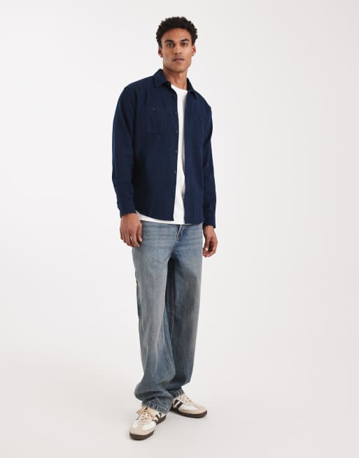 Threadbare - Katoenen overhemd met knoopsluiting in marineblauw, 2 van 5