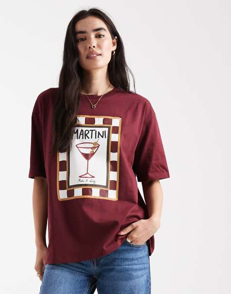 Threadbare - Katoenen T-shirt met korte mouwen en grafische Martini-print in bordeauxrood - view 1