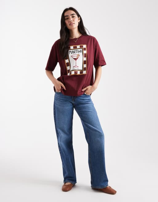 Threadbare - Katoenen T-shirt met korte mouwen en grafische Martini-print in bordeauxrood, 2 van 4
