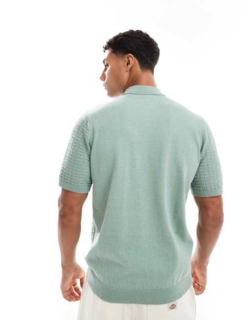 Threadbare - Katoenrijke gehaakte polotop met korte mouwen in saliegroen, 3 van 4