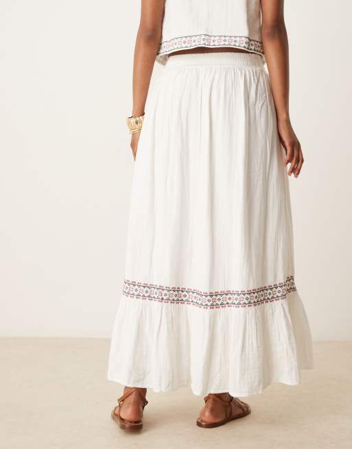 Threadbare - Katoenrijke geweven maxi rok met borduursel in crème, deel van co-ord set, 4 van 5