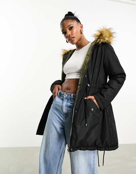 Threadbare – Kenny – 2-in-1-Parkajacke in Schwarz und Khaki mit Kunstpelzbesatz - view 1