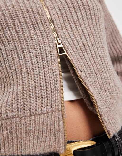 Threadbare - Kiksebrun bomber-cardigan med dobbeltlynlås, 4 af 4