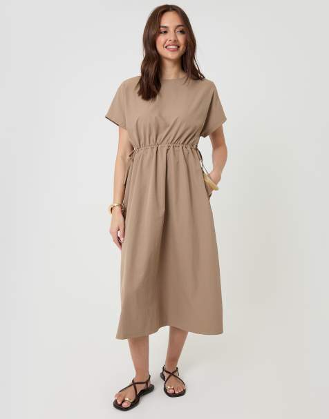 Threadbare Kimono sleeve drawstring waist midi dress in taupe