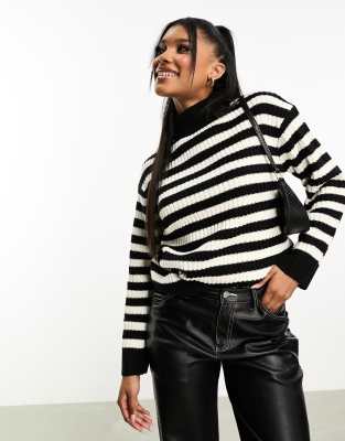 Threadbare Kinsley high neck oversized jumper in monochrome stripe