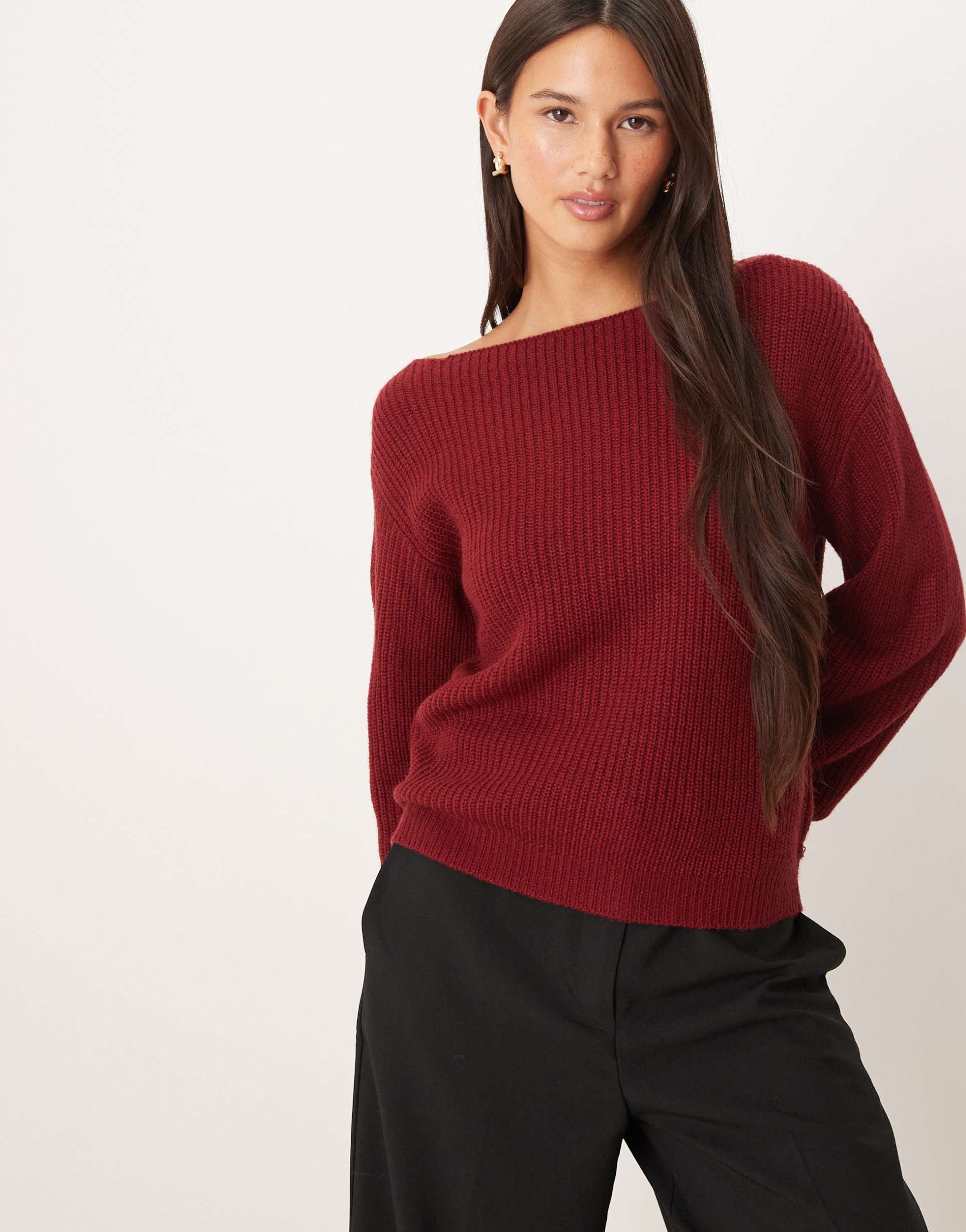 threadbare knit boat neck sweater with balloon sleeve in burgundy