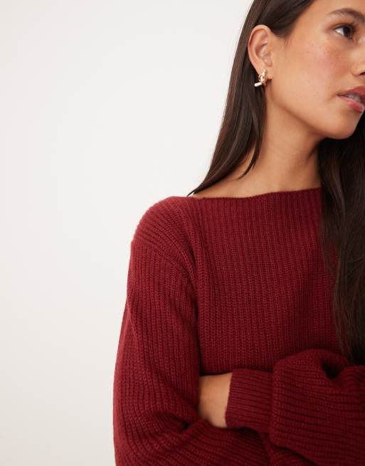 Threadbare knit boat neck sweater with balloon sleeve in burgundy
