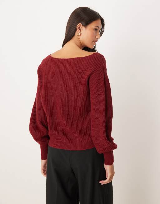 Threadbare knit boat neck sweater with balloon sleeve in burgundy