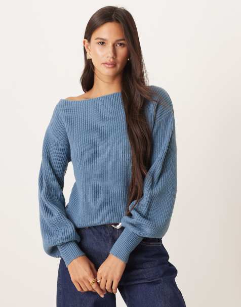Threadbare knit boat neck sweater with balloon sleeves in blue - view 1