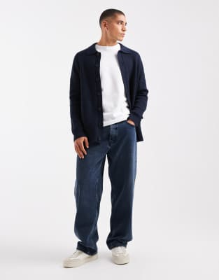 Threadbare Knit Button Down Cardigan With Collar In Blue
