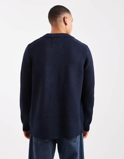 Threadbare knit button down cardigan with collar in navy, 3 of 5