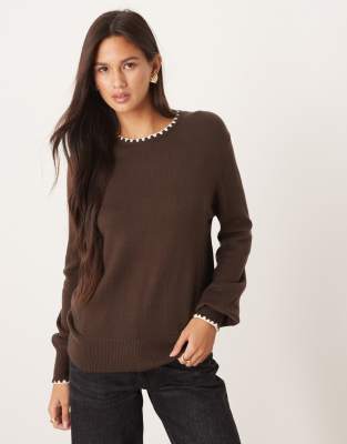 Threadbare Knit Crew Neck Sweater With Contrast Neckline In Brown