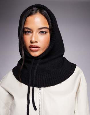 Threadbare knit hood with tie detail in black