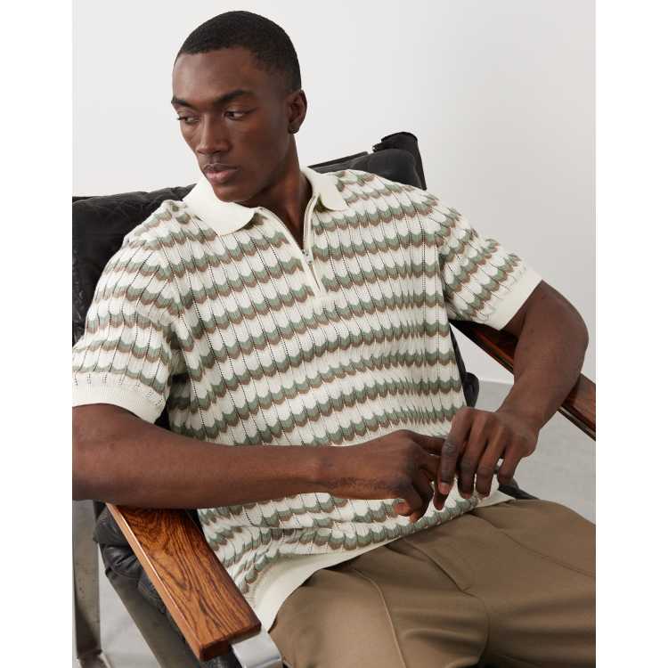 Threadbare knit quarter zip short sleeve polo top in zigzag print