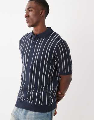 Threadbare Knit Short Sleeve Pinstripe Polo Shirt In Blue