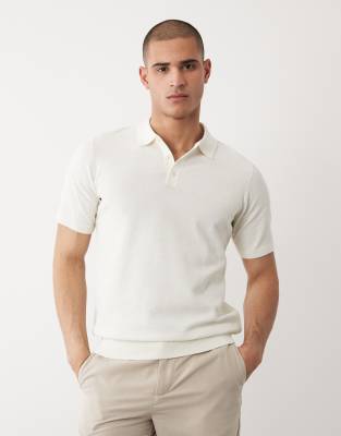 Threadbare Open Knit Short Sleeve Polo Top In White