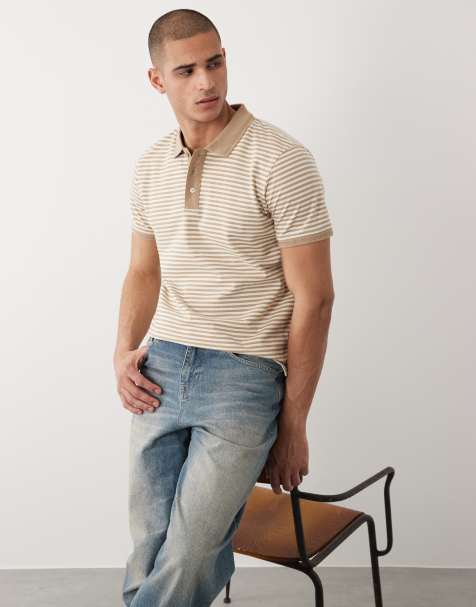 Threadbare knit short sleeve polo top in stone and ecru stripes - view 1