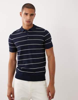 Threadbare Knit Short Sleeve Stripe Polo Shirt In Blue