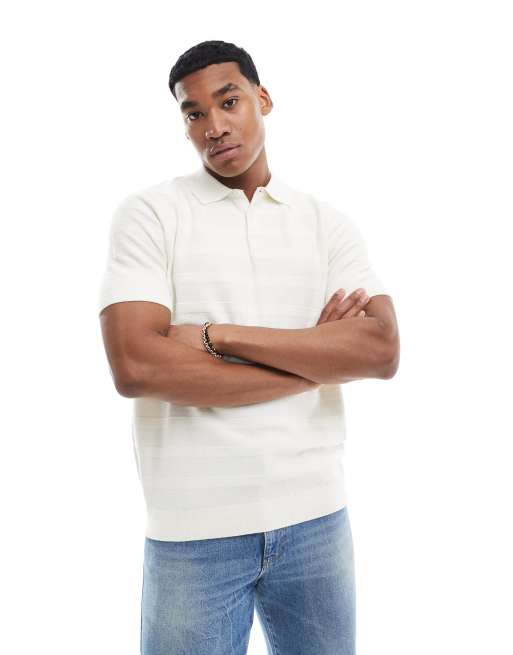 Threadbare knit striped polo in ecru
