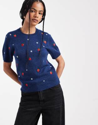 Threadbare Knit T-shirt With Strawberry Embroidery In Blue