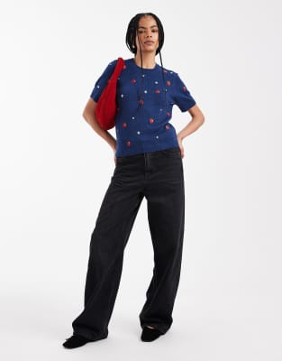 Threadbare Knit T-shirt With Strawberry Embroidery In Blue